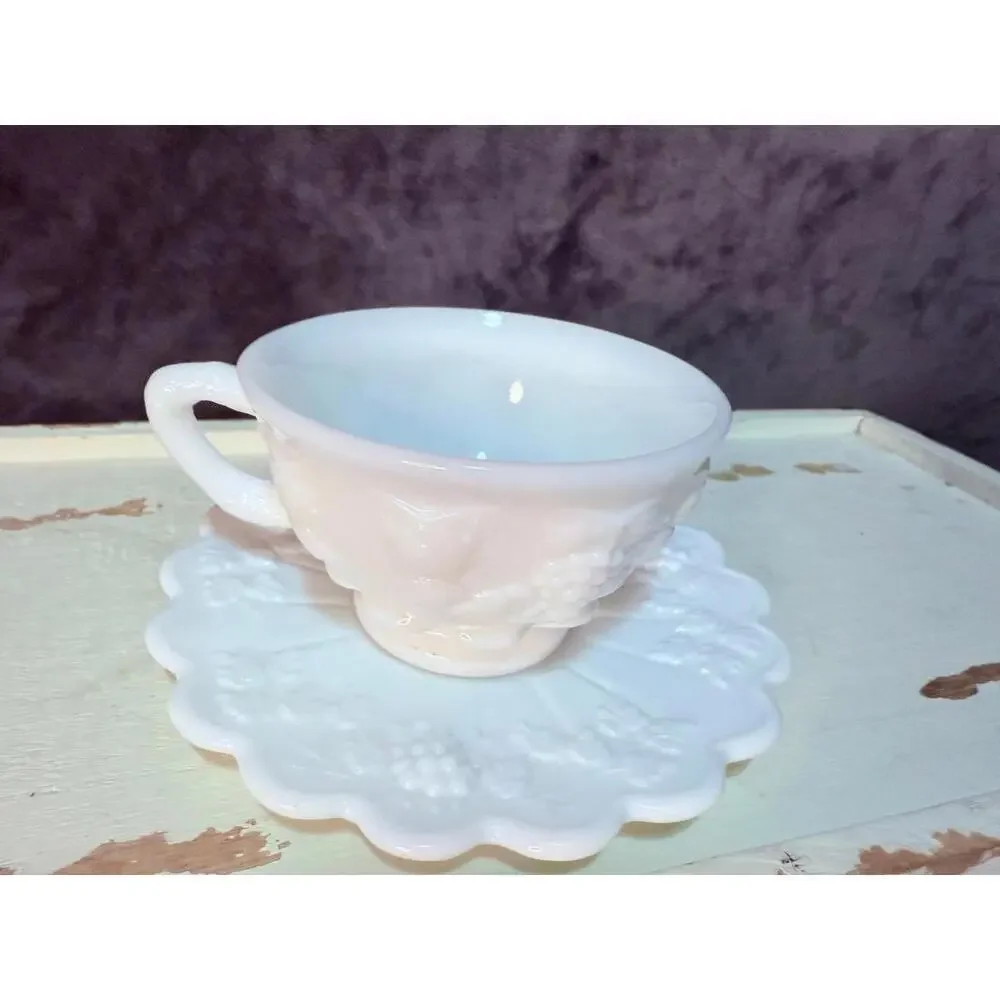 Vintage Milk Glass Teacup & Saucer Set Grapevine Relief Scalloped